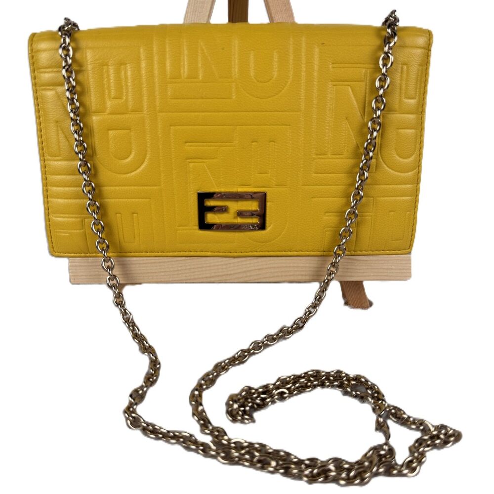 Fendi 2000's Yellow Embossed Nappa Logo Chain Clutch Crossbody Wallet - Picture 1 of 16